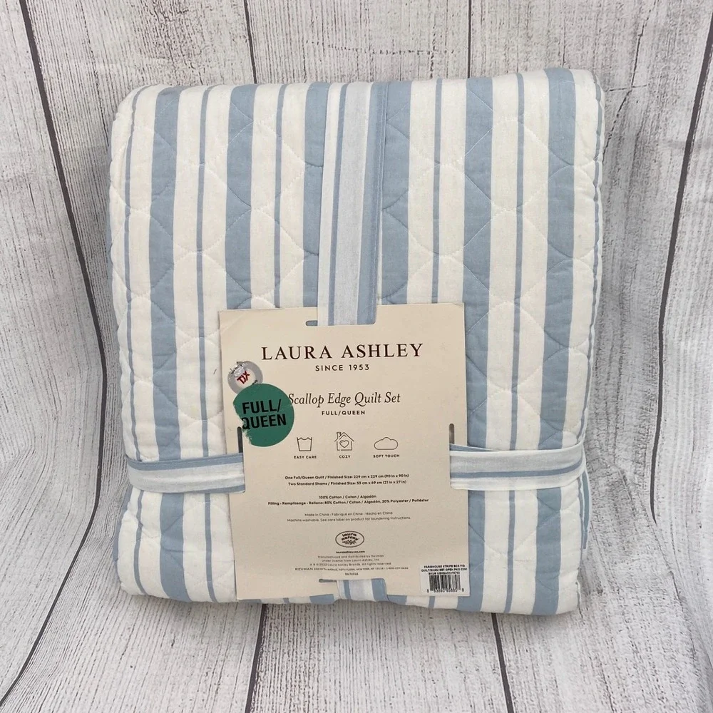 Laura Ashley Scallop Edge Quilt Set Full/Queen Blue White Striped Feminine Cozy